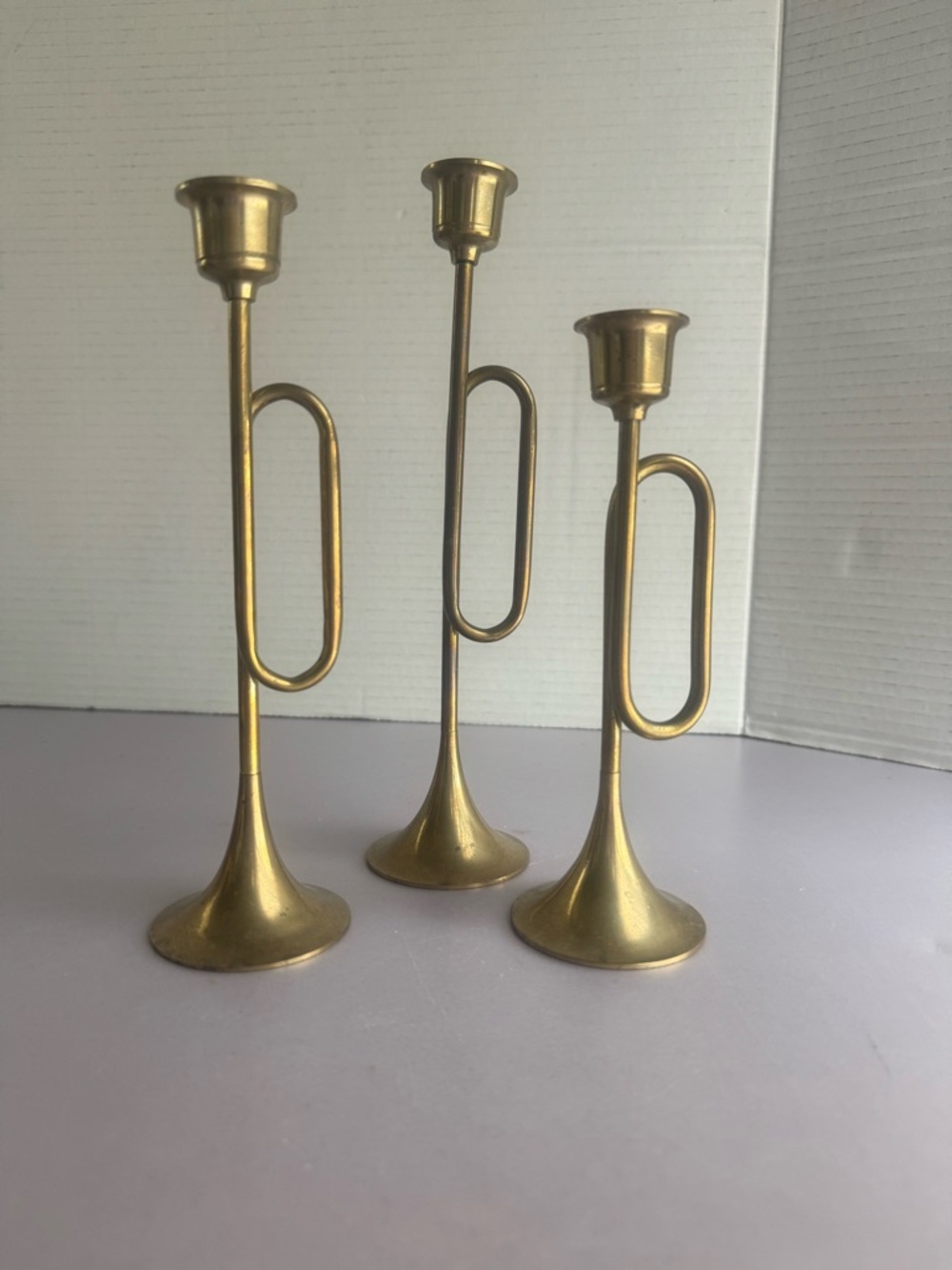 VINTAGE FRENCH HORN BRASS TAPER CANDLE SET